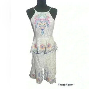 Anthropologie Champagne & Strawberry Lace Embroidered Floral Dress Size Large